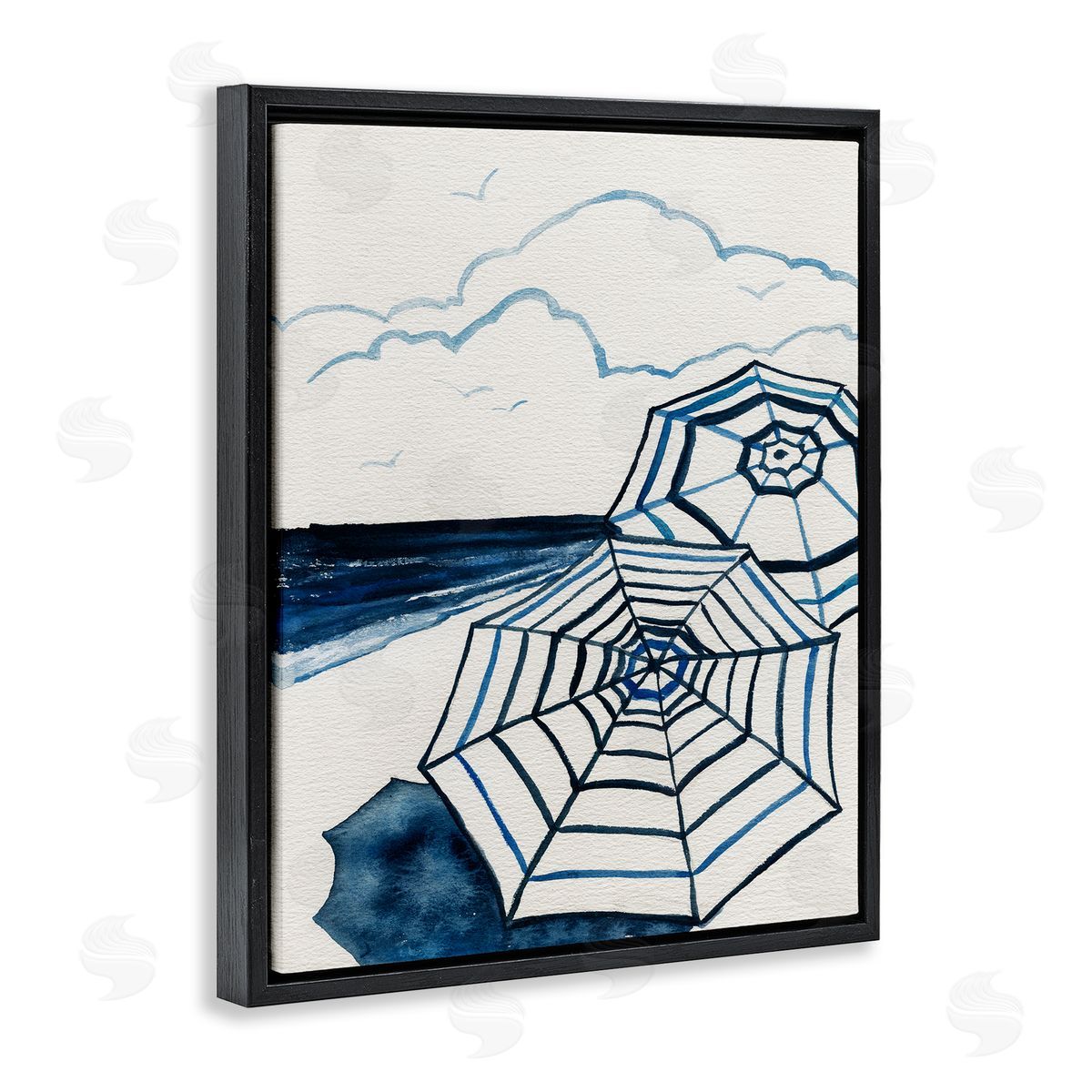 Umbrellas on Minimal Beach Black Floating Frame Canvas Wall Art, Home Decor by Carol Robinson
