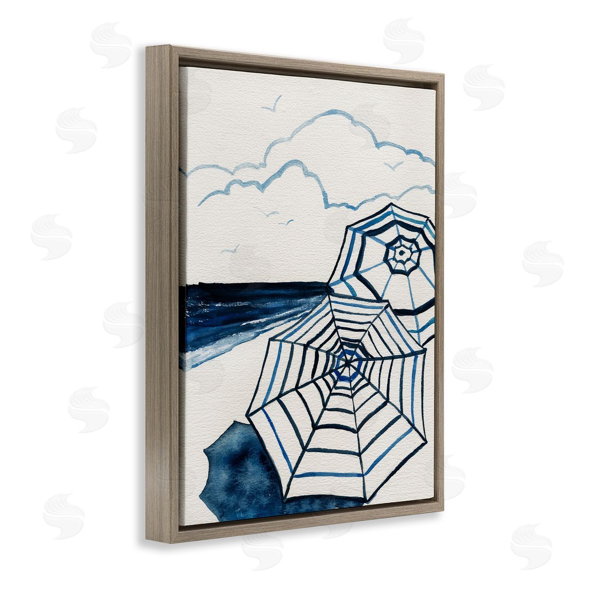 Umbrellas on Minimal Beach Brown Floating Frame Canvas Wall Art, Home Decor by Carol Robinson