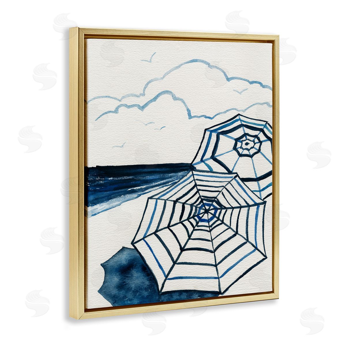 Umbrellas on Minimal Beach Gold Floating Frame Canvas Wall Art, Home Decor by Carol Robinson