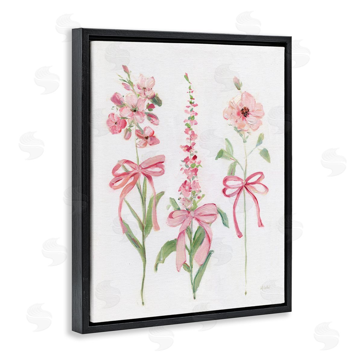 Pink Cottage Floral Sprigs Black Floating Frame Canvas Wall Art, Home Decor by Sally Swatland