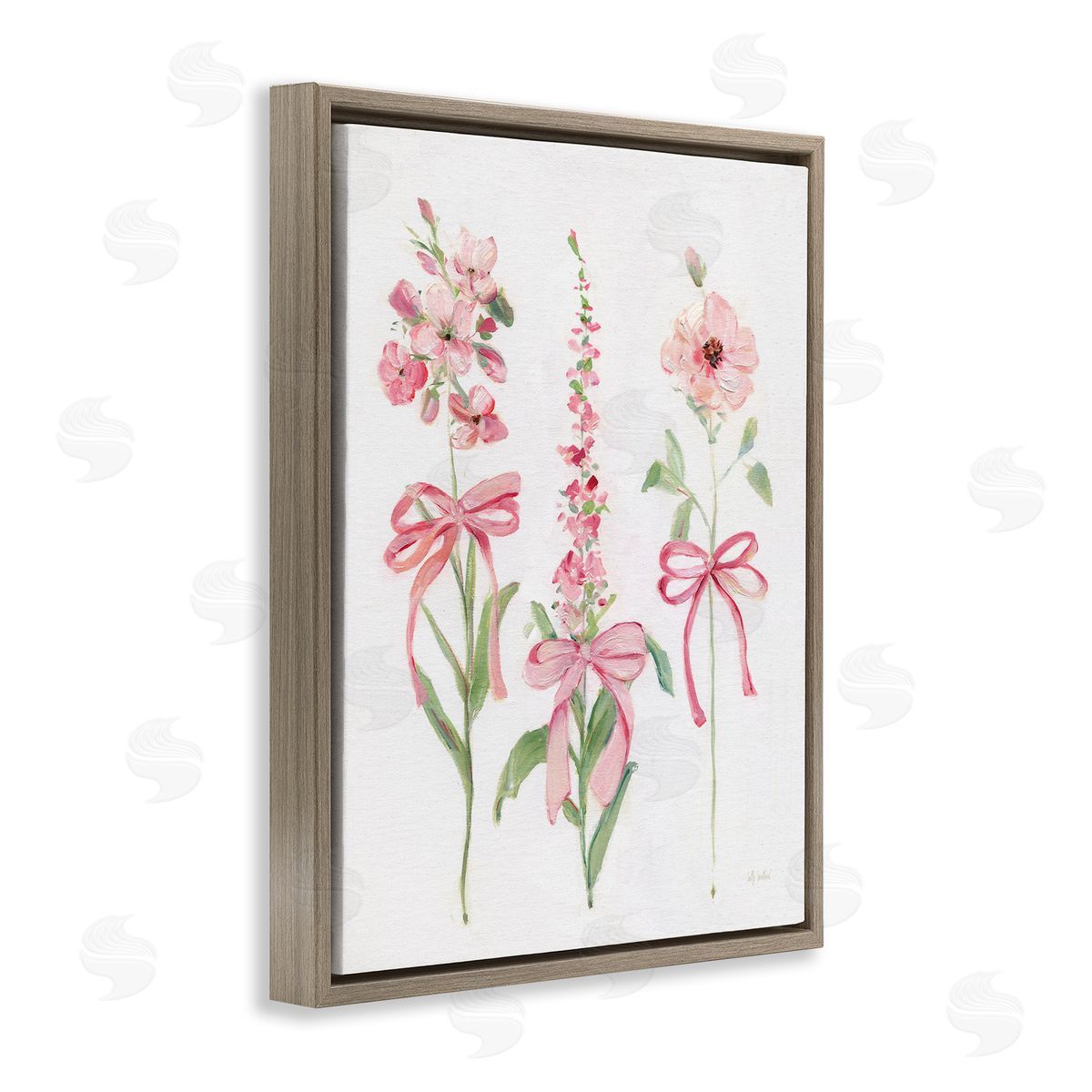Pink Cottage Floral Sprigs Brown Floating Frame Canvas Wall Art, Home Decor by Sally Swatland