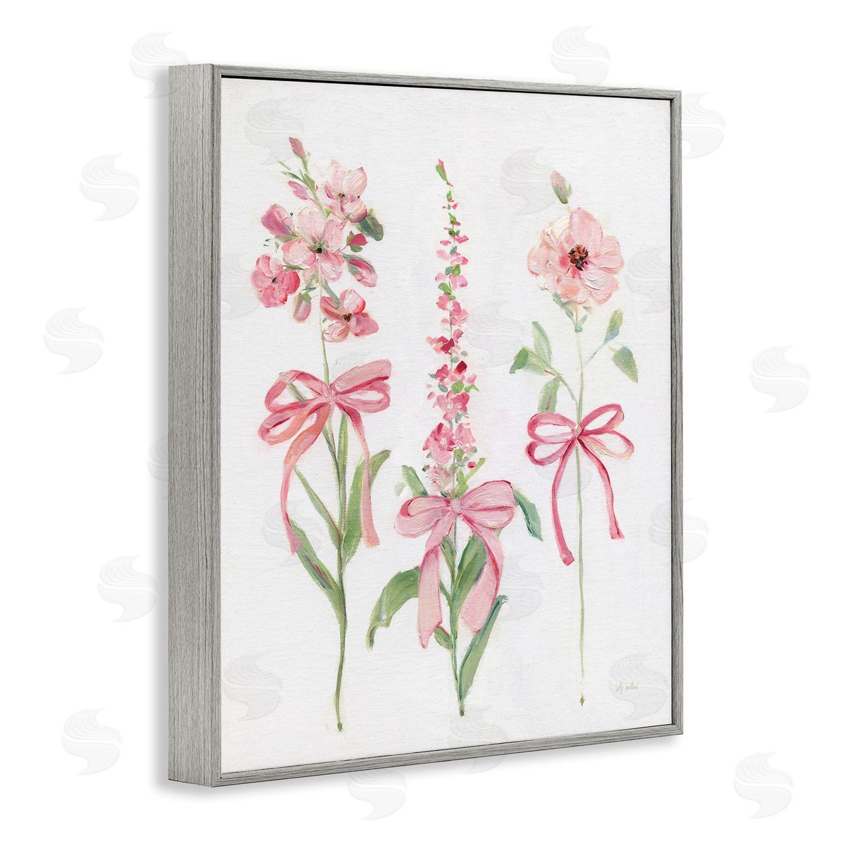 Pink Cottage Floral Sprigs Grey Frame Print Wall Art, Home Decor by Sally Swatland
