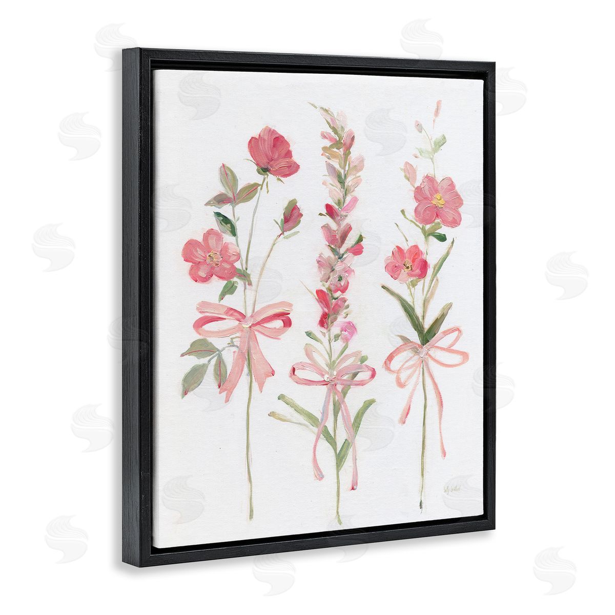 Pastel Pink Floral Sprigs Black Floating Frame Canvas Wall Art, Home Decor by Sally Swatland