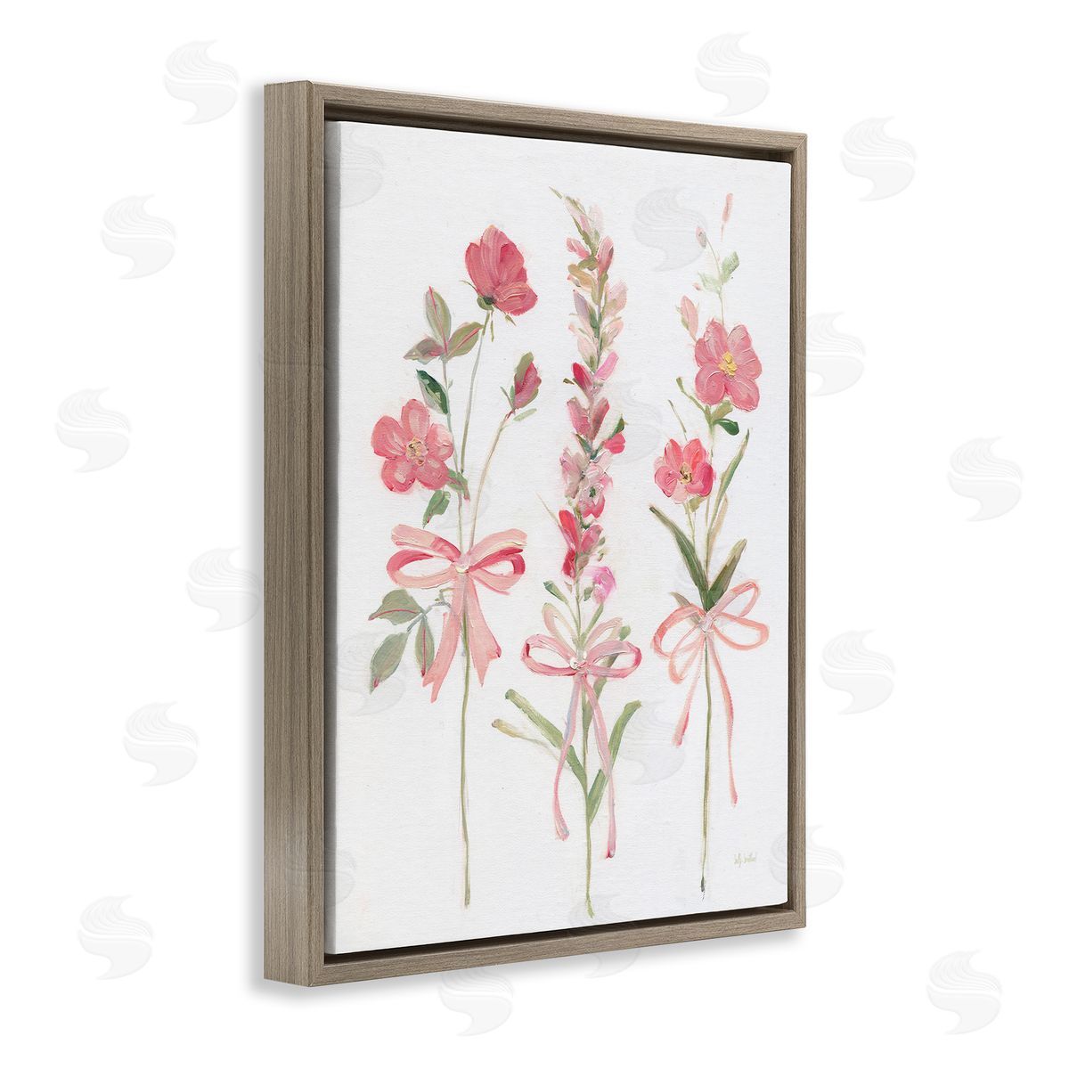 Pastel Pink Floral Sprigs Brown Floating Frame Canvas Wall Art, Home Decor by Sally Swatland