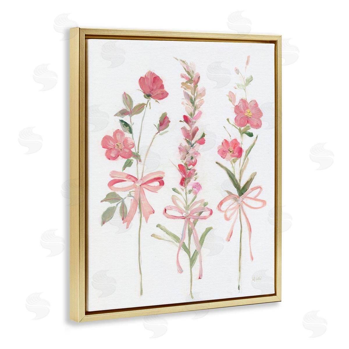 Pastel Pink Floral Sprigs Gold Floating Frame Canvas Wall Art, Home Decor by Sally Swatland