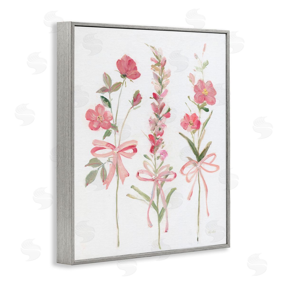Pastel Pink Floral Sprigs Grey Frame Print Wall Art, Home Decor by Sally Swatland