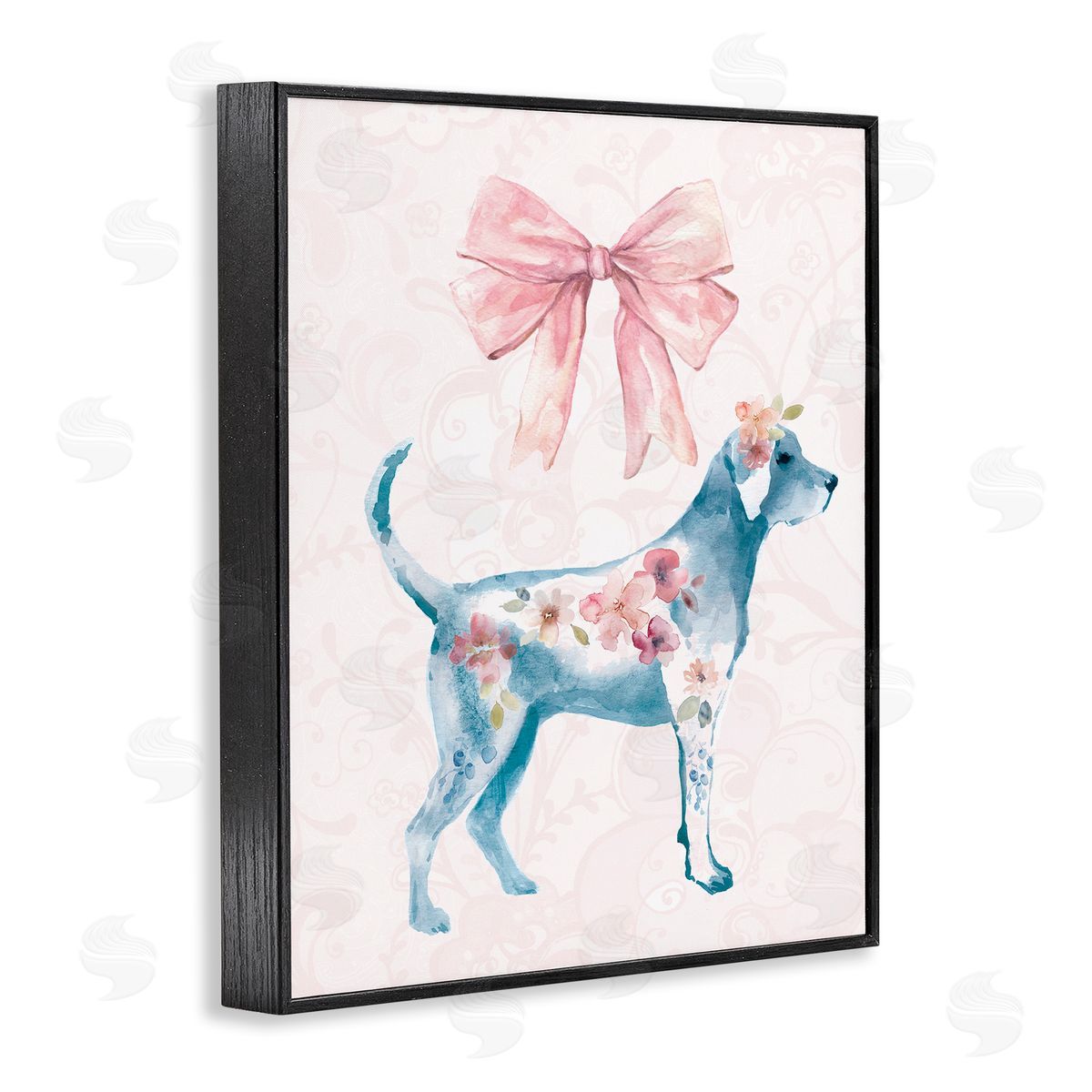 Floral Dog with Pink Ribbon Black Frame Print Wall Art, Home Decor by Carol Robinson
