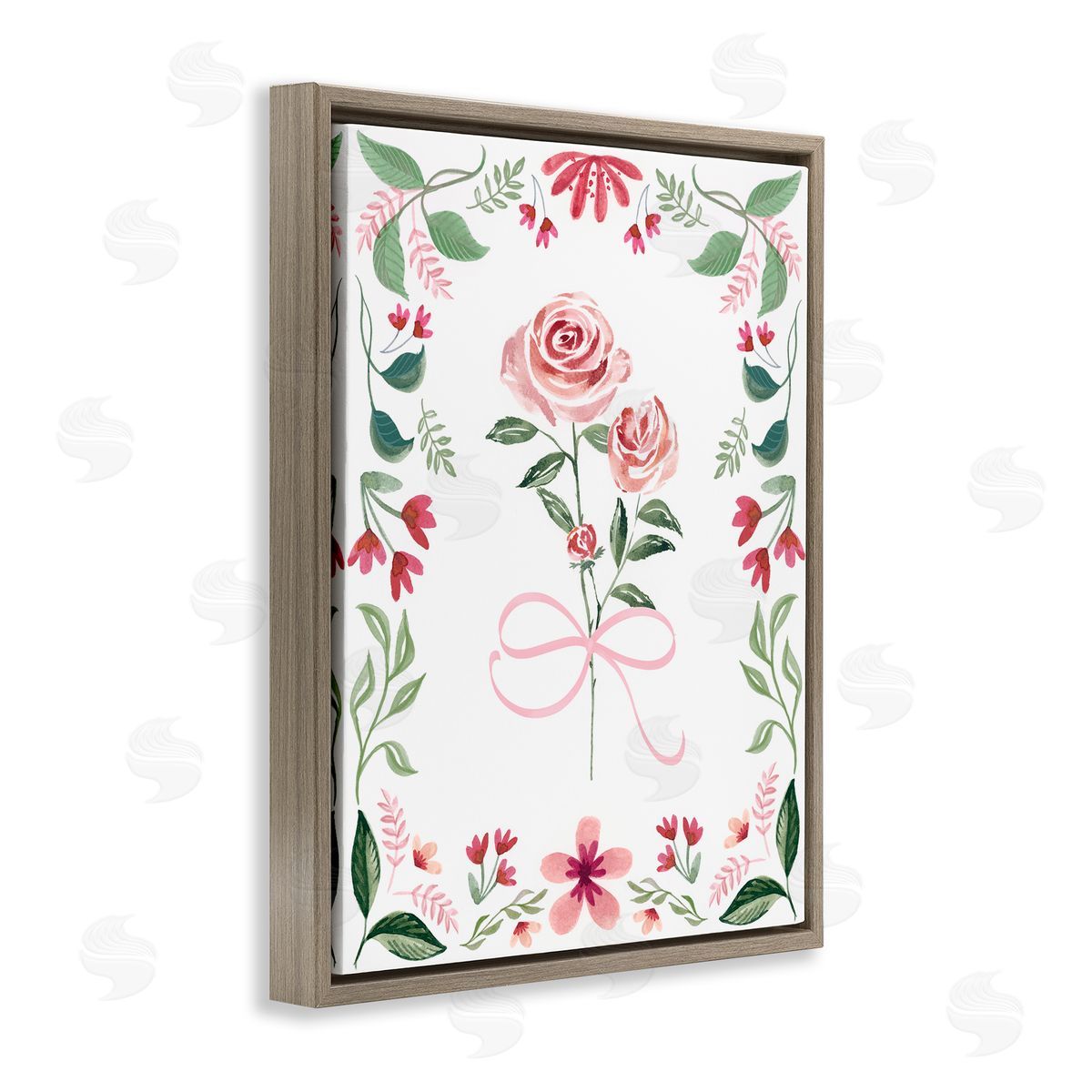 Delicate Roses Floral Border Brown Floating Frame Canvas Wall Art, Home Decor by Kristen Brockmon