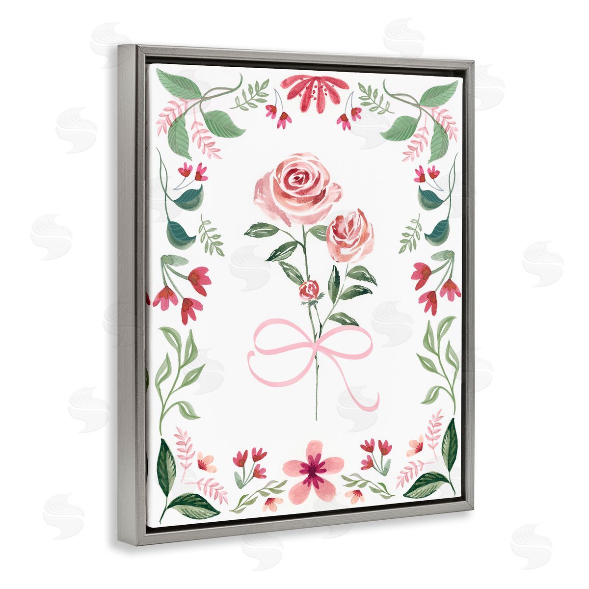 Delicate Roses Floral Border Grey Floating Frame Canvas Wall Art, Home Decor by Kristen Brockmon