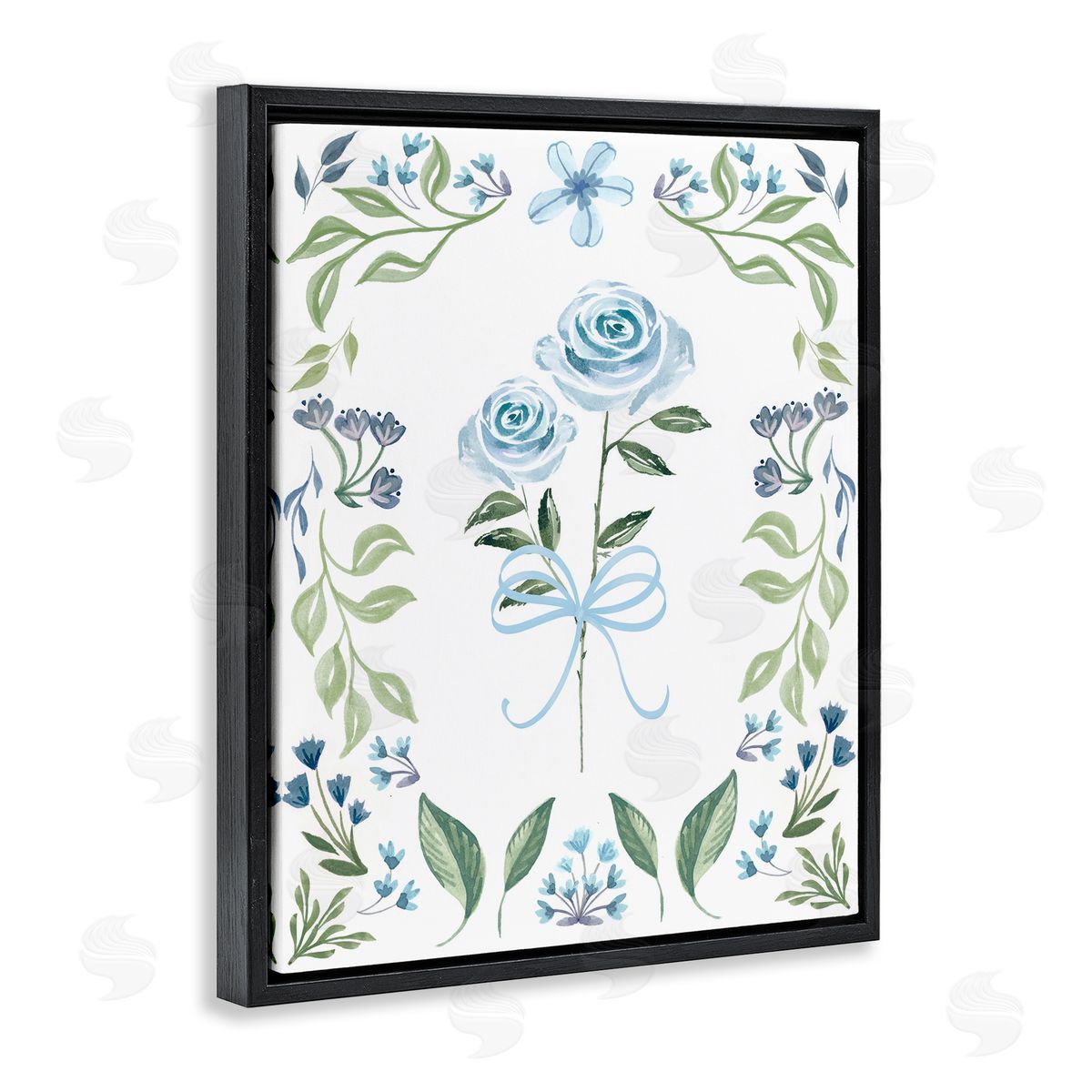 Blue Roses & Floral Border Black Floating Frame Canvas Wall Art, Home Decor by Kristen Brockmon