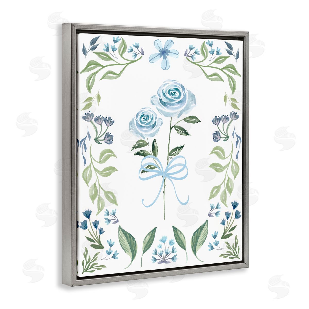 Blue Roses & Floral Border Grey Floating Frame Canvas Wall Art, Home Decor by Kristen Brockmon