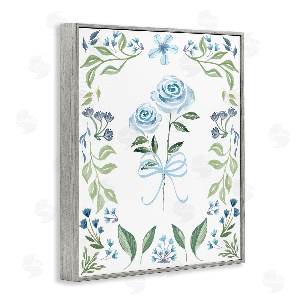 Blue Roses & Floral Border Grey Frame Print Wall Art, Home Decor by Kristen Brockmon