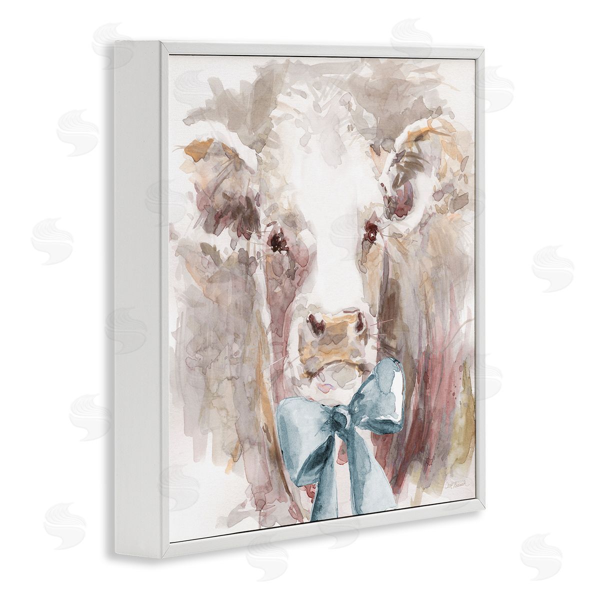Soft Abstract Cow & Bow White Frame Print Wall Art, Home Decor by Carol Robinson