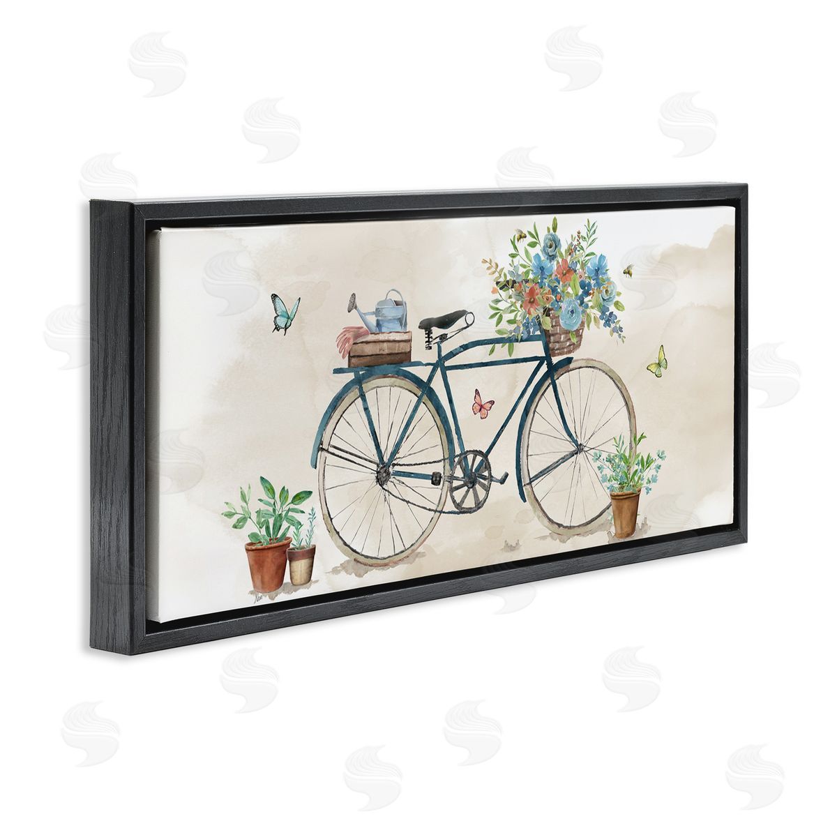 Garden Bicycle & Florals Black Floating Frame Canvas Wall Art, Home Decor by Nan