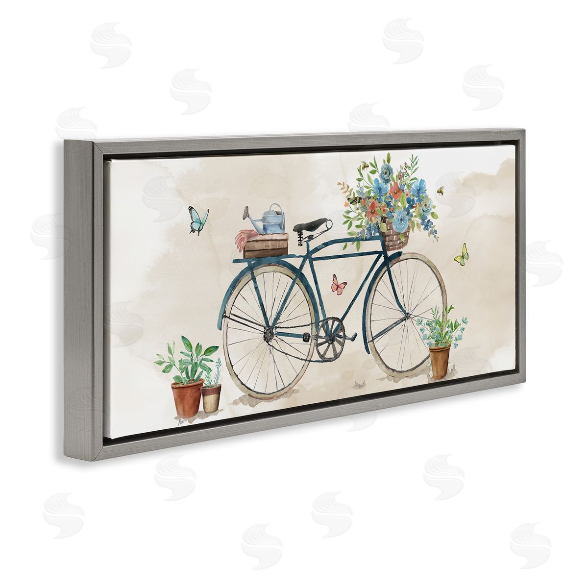 Garden Bicycle & Florals Grey Floating Frame Canvas Wall Art, Home Decor by Nan