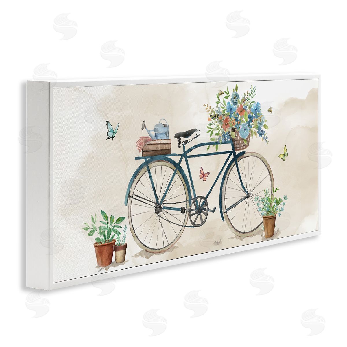 Garden Bicycle & Florals White Frame Print Wall Art, Home Decor by Nan