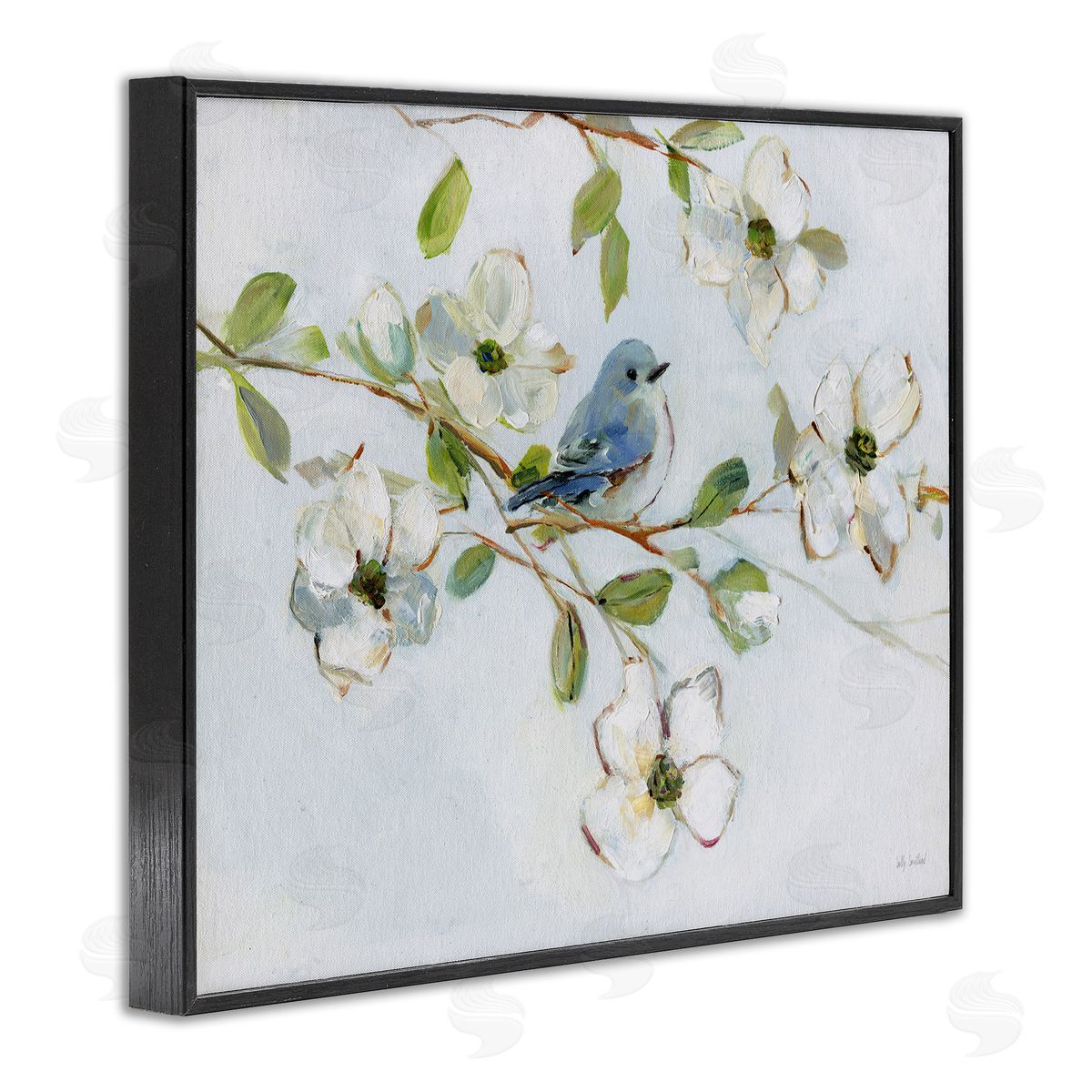 Bird Perched on Dogwood Black Frame Print Wall Art, Home Decor by Sally Swatland