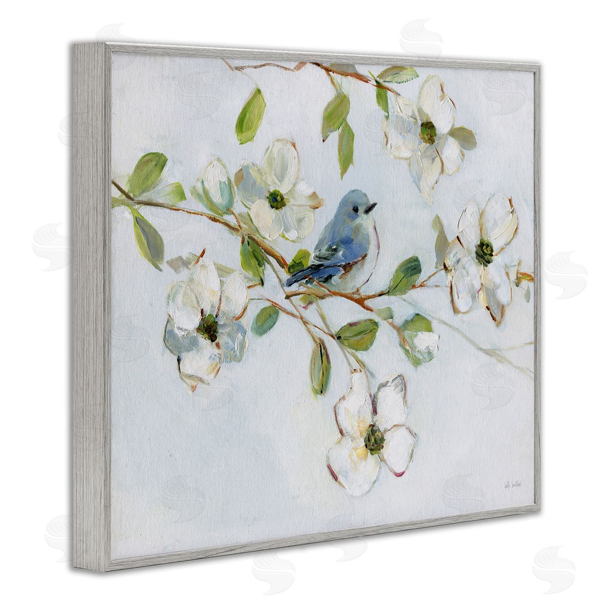 Bird Perched on Dogwood Grey Frame Print Wall Art, Home Decor by Sally Swatland