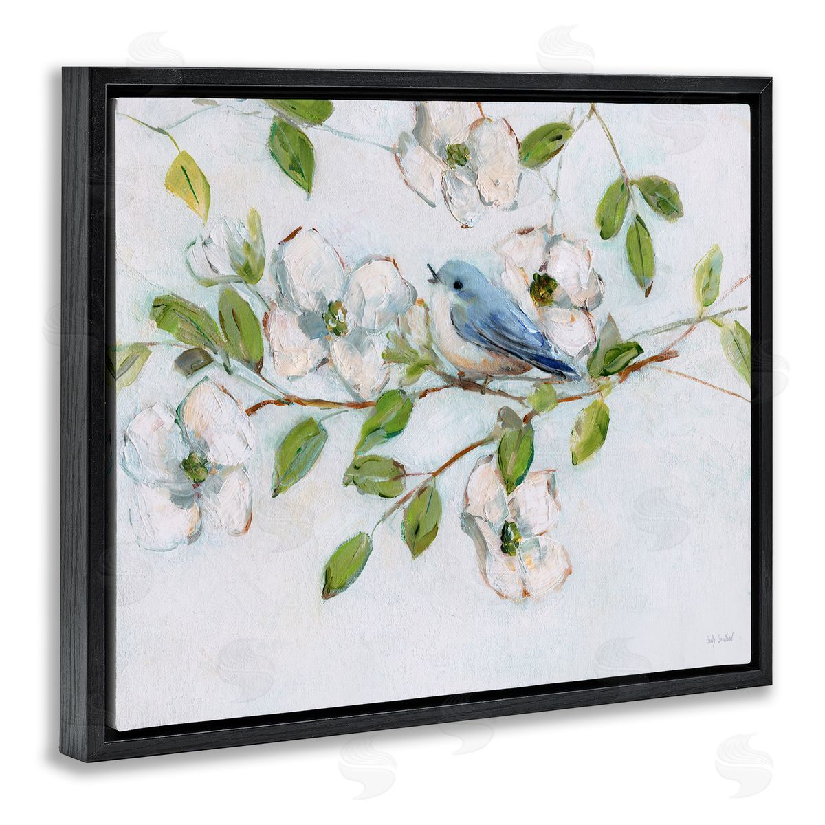 Bluebird on Dogwood Branch Black Floating Frame Canvas Wall Art, Home Decor by Sally Swatland