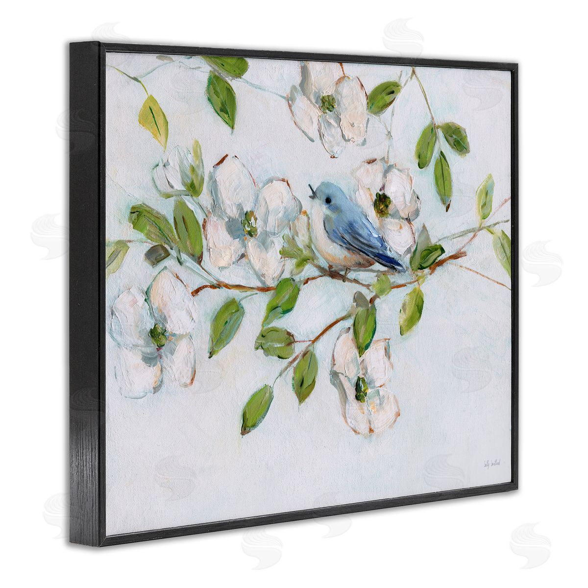 Bluebird on Dogwood Branch Black Frame Print Wall Art, Home Decor by Sally Swatland