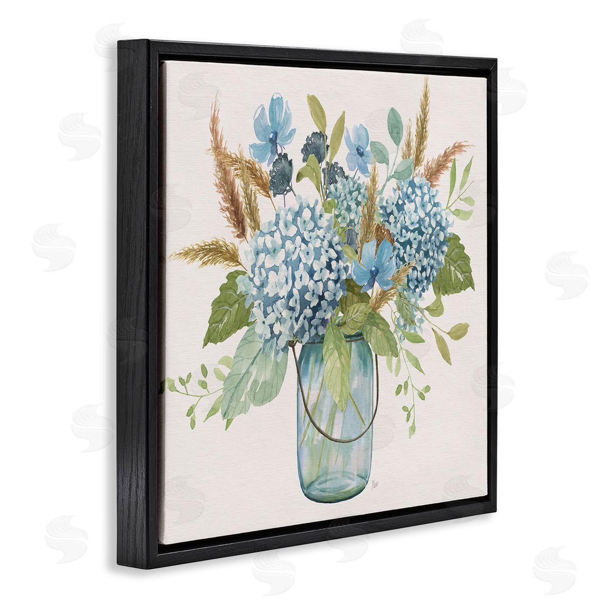 Hydrangea in Mason Jar Black Floating Frame Canvas Wall Art, Home Decor by Nan