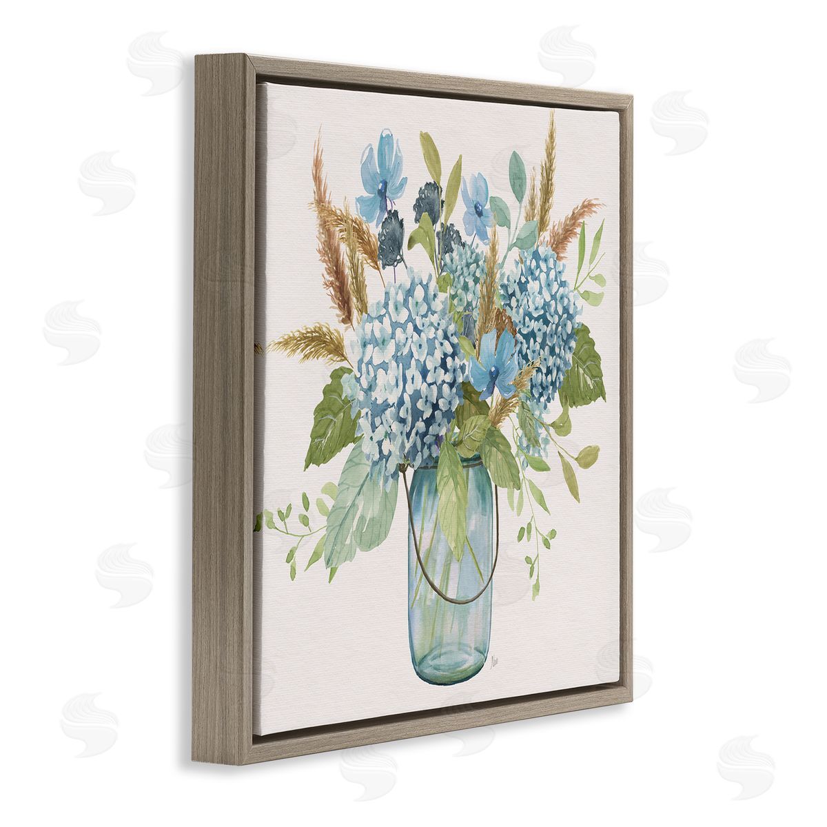 Hydrangea in Mason Jar Brown Floating Frame Canvas Wall Art, Home Decor by Nan