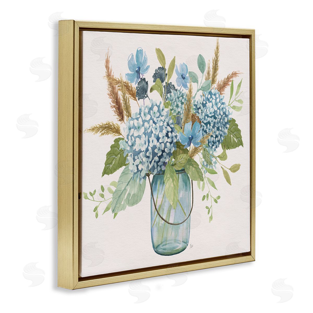 Hydrangea in Mason Jar Gold Floating Frame Canvas Wall Art, Home Decor by Nan