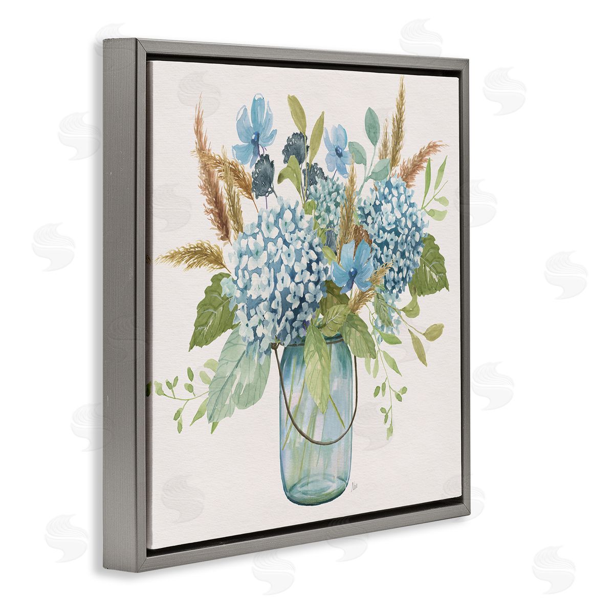 Hydrangea in Mason Jar Grey Floating Frame Canvas Wall Art, Home Decor by Nan