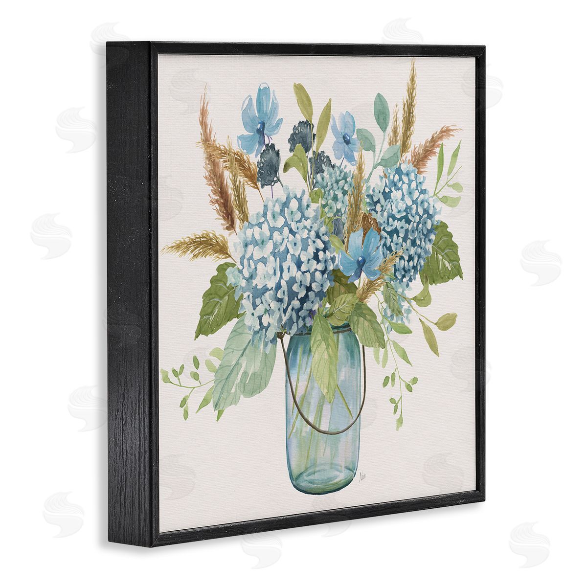 Hydrangea in Mason Jar Black Frame Print Wall Art, Home Decor by Nan