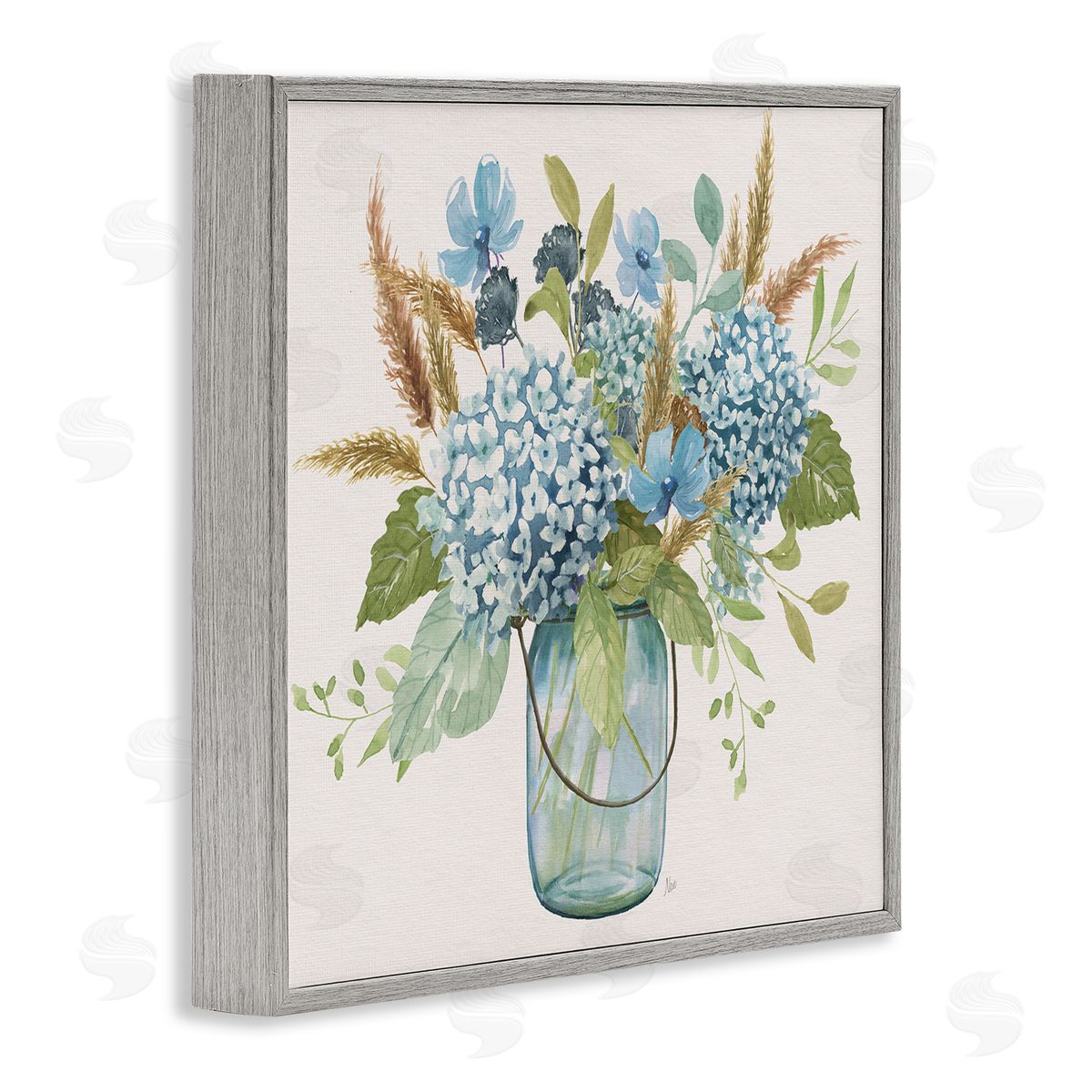 Hydrangea in Mason Jar Grey Frame Print Wall Art, Home Decor by Nan