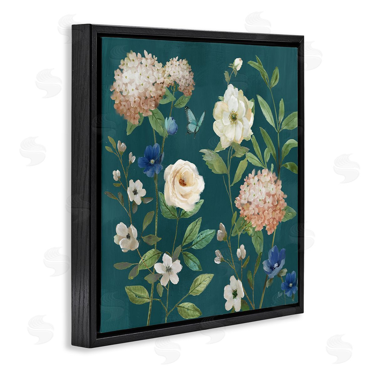 Bright Garden Blooms on Green Black Floating Frame Canvas Wall Art, Home Decor by Nan
