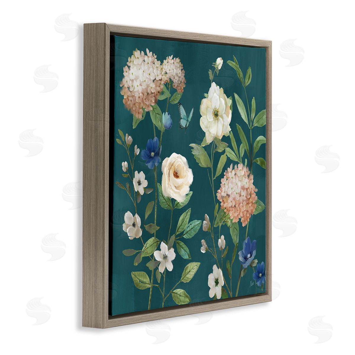 Bright Garden Blooms on Green Brown Floating Frame Canvas Wall Art, Home Decor by Nan