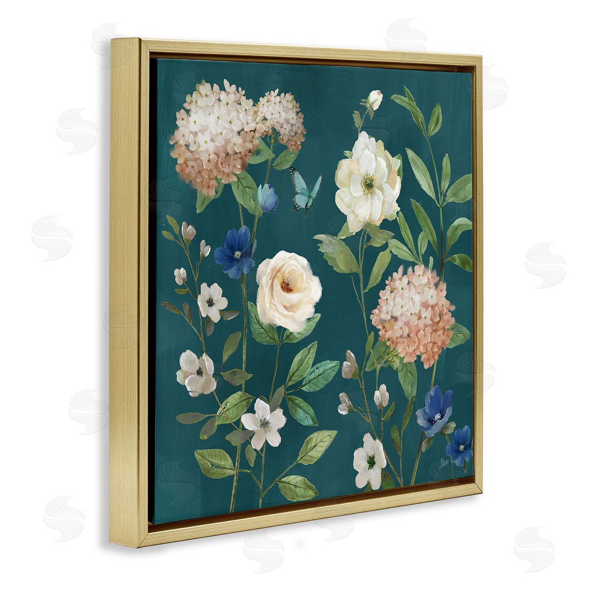 Bright Garden Blooms on Green Gold Floating Frame Canvas Wall Art, Home Decor by Nan