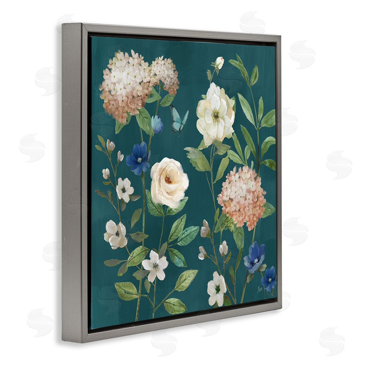Bright Garden Blooms on Green Grey Floating Frame Canvas Wall Art, Home Decor by Nan