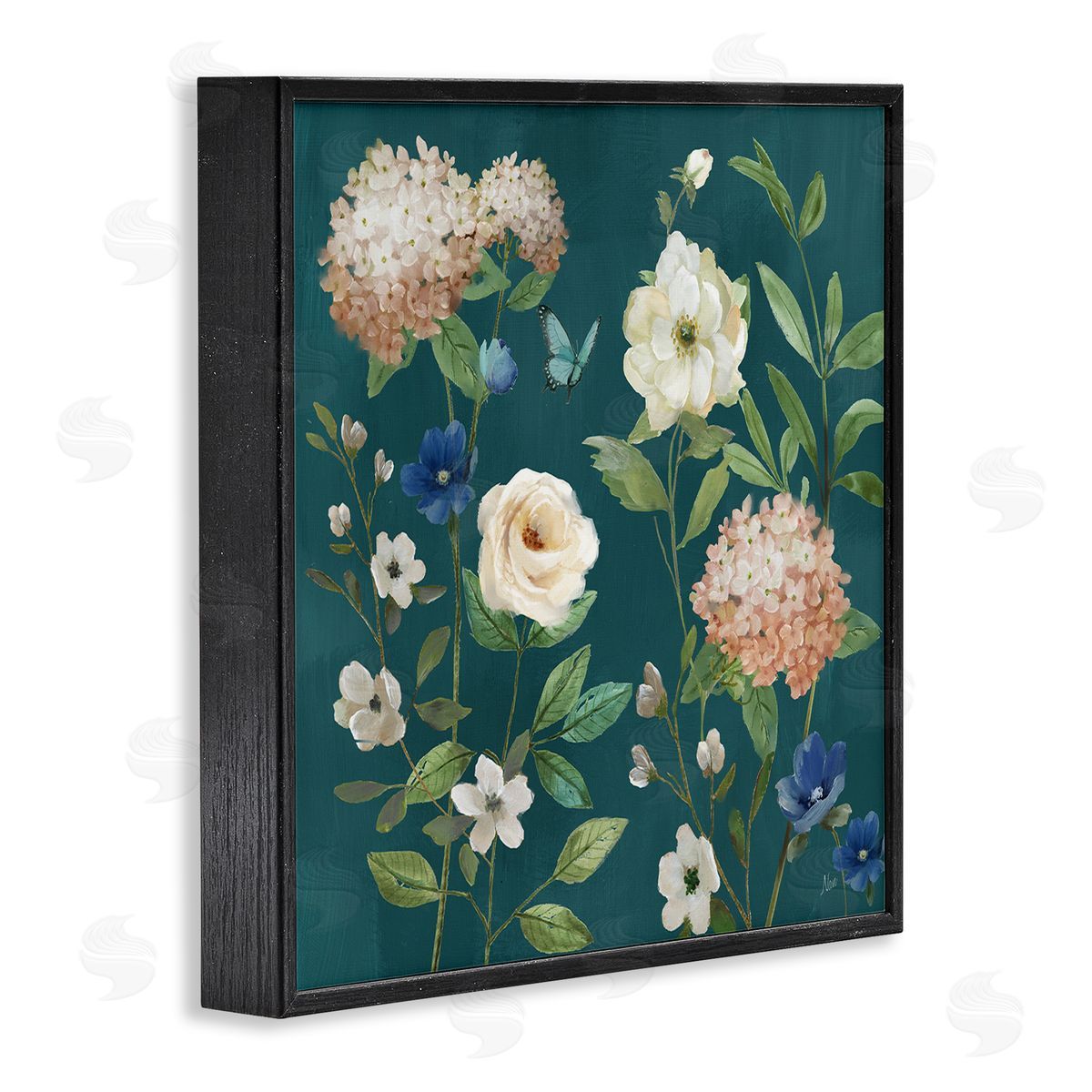 Bright Garden Blooms on Green Black Frame Print Wall Art, Home Decor by Nan