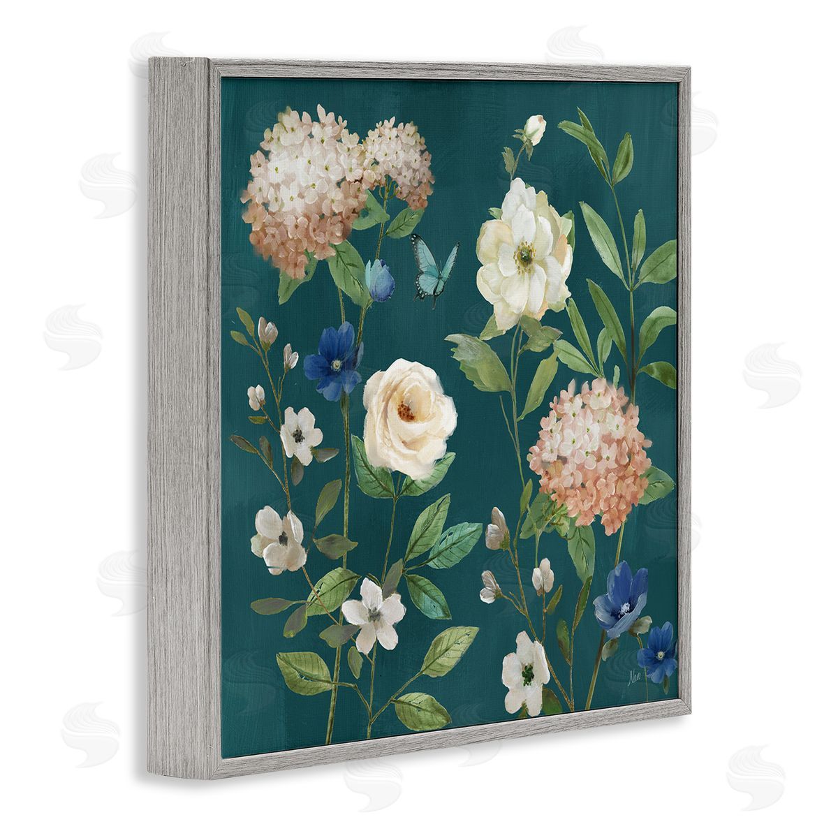 Bright Garden Blooms on Green Grey Frame Print Wall Art, Home Decor by Nan