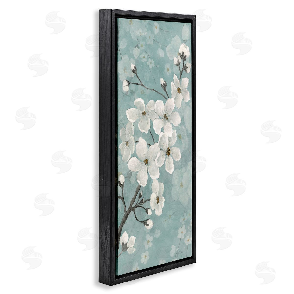Cherry Blossoms on Green Black Floating Frame Canvas Wall Art, Home Decor by Janet Tava