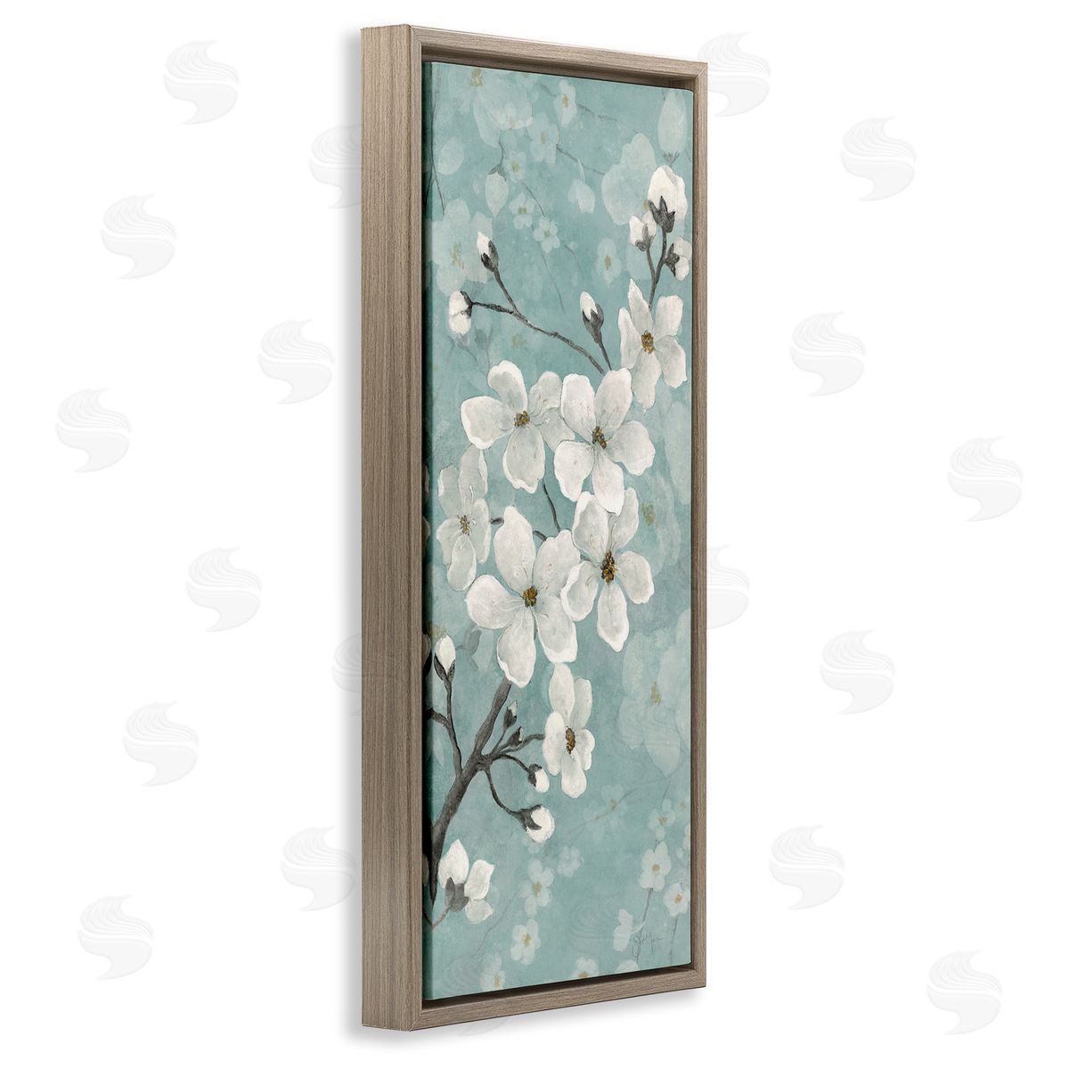 Cherry Blossoms on Green Brown Floating Frame Canvas Wall Art, Home Decor by Janet Tava