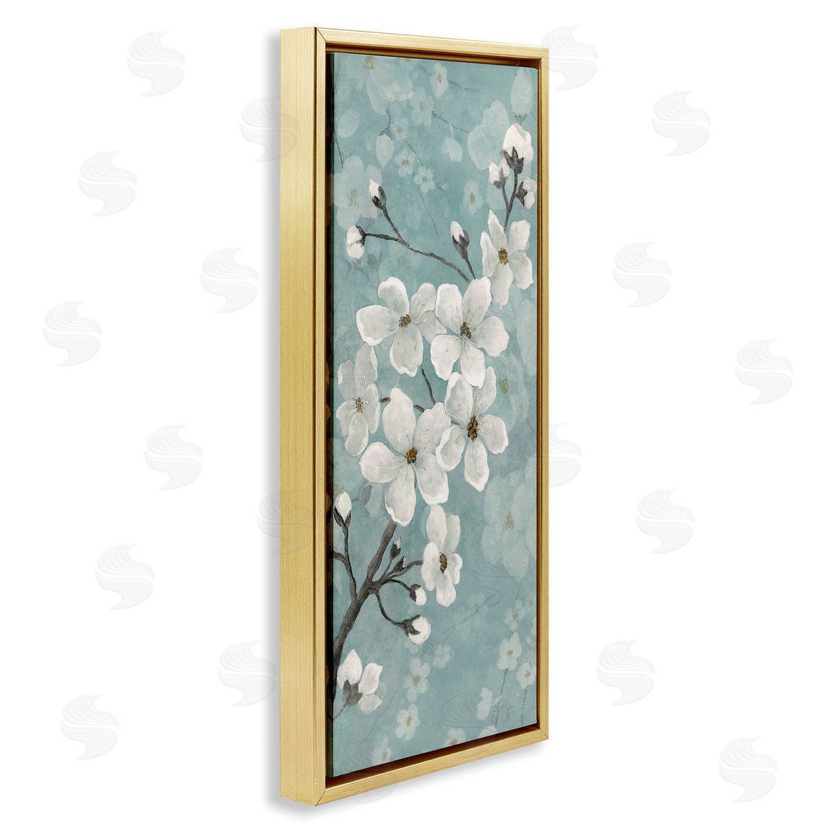 Cherry Blossoms on Green Gold Floating Frame Canvas Wall Art, Home Decor by Janet Tava