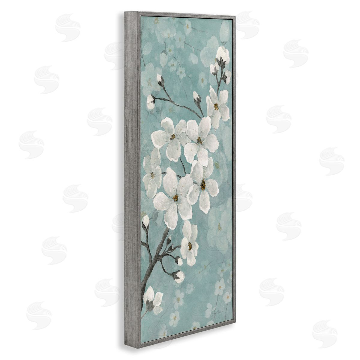 Cherry Blossoms on Green Grey Frame Print Wall Art, Home Decor by Janet Tava
