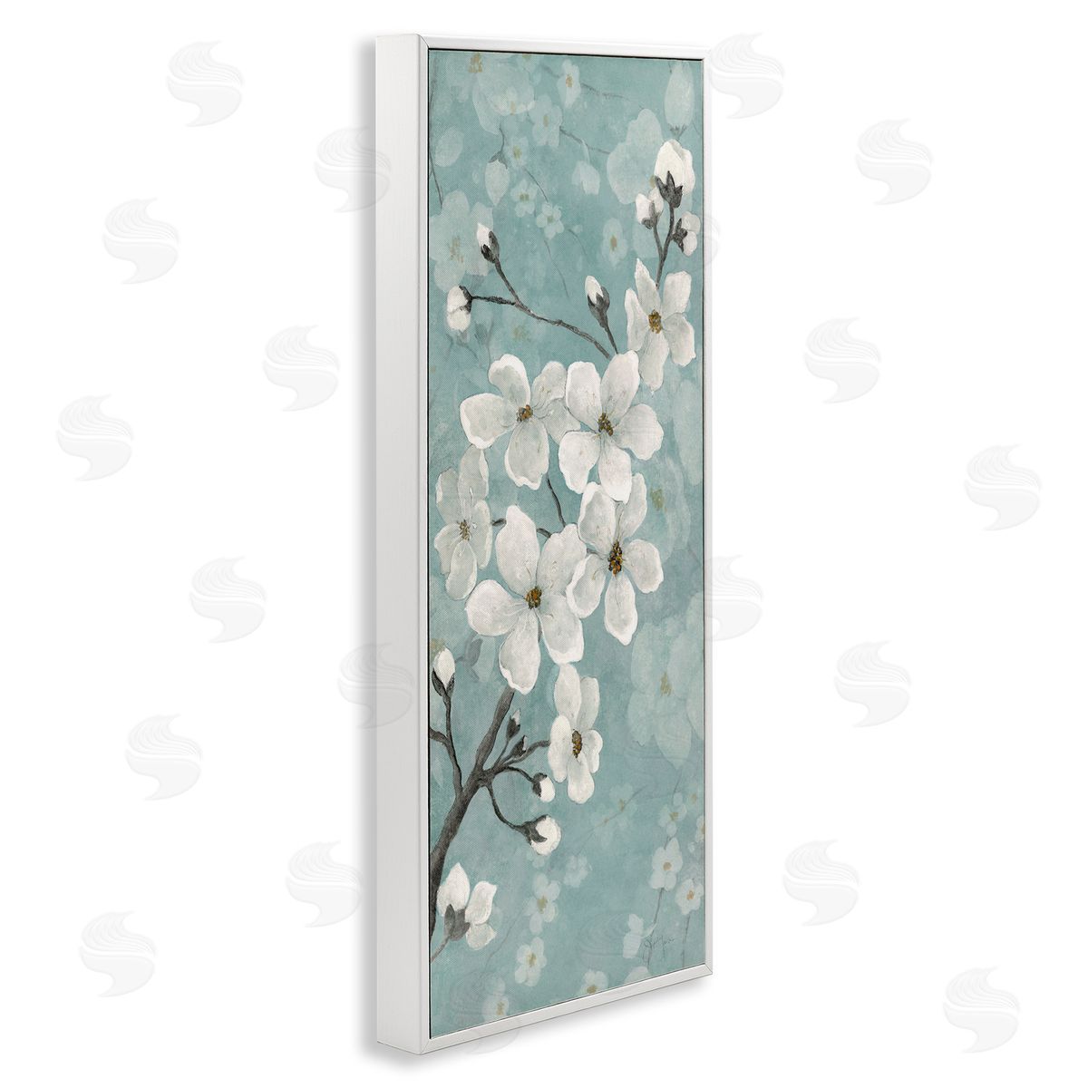 Cherry Blossoms on Green White Frame Print Wall Art, Home Decor by Janet Tava