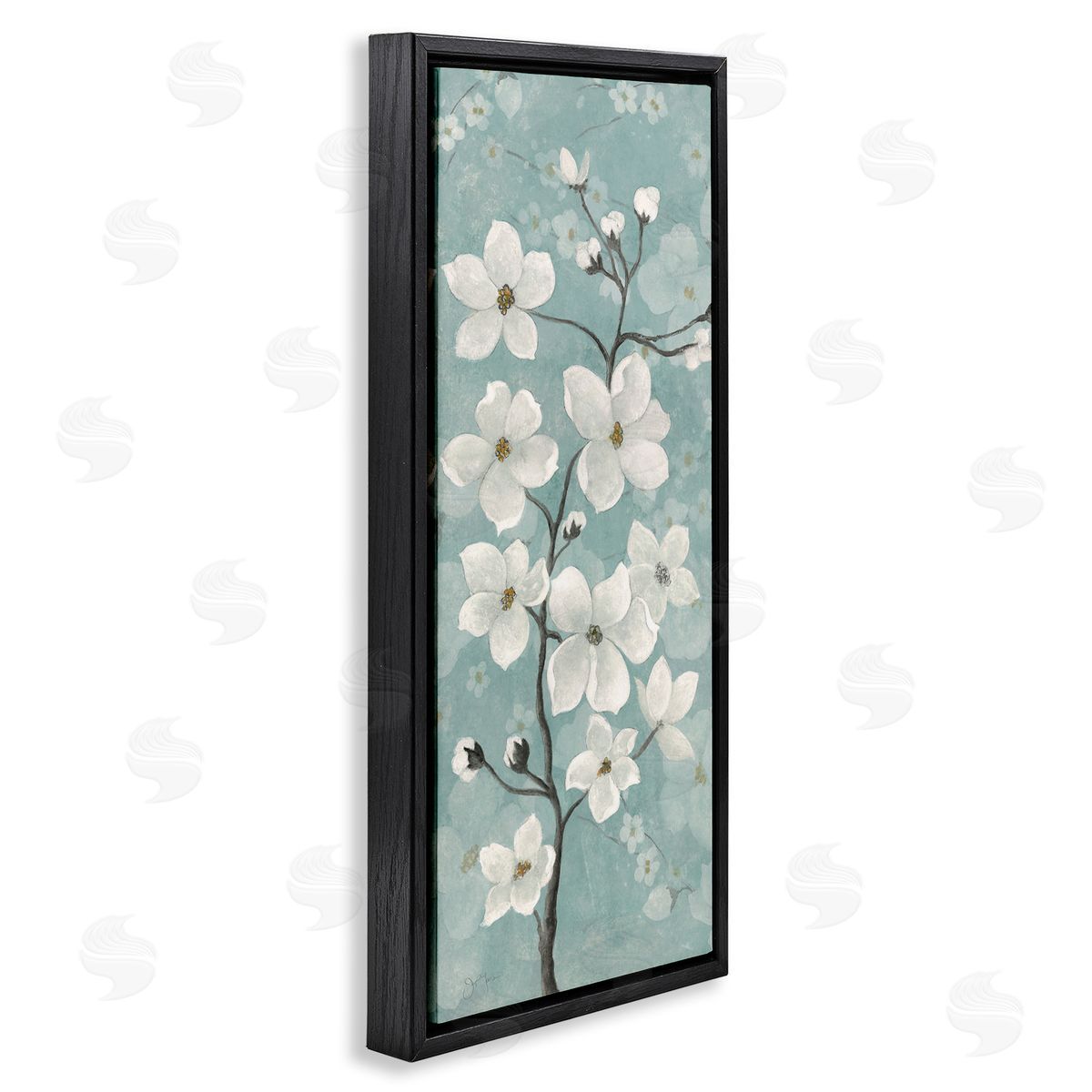 Apple Blossom on Green Black Floating Frame Canvas Wall Art, Home Decor by Janet Tava