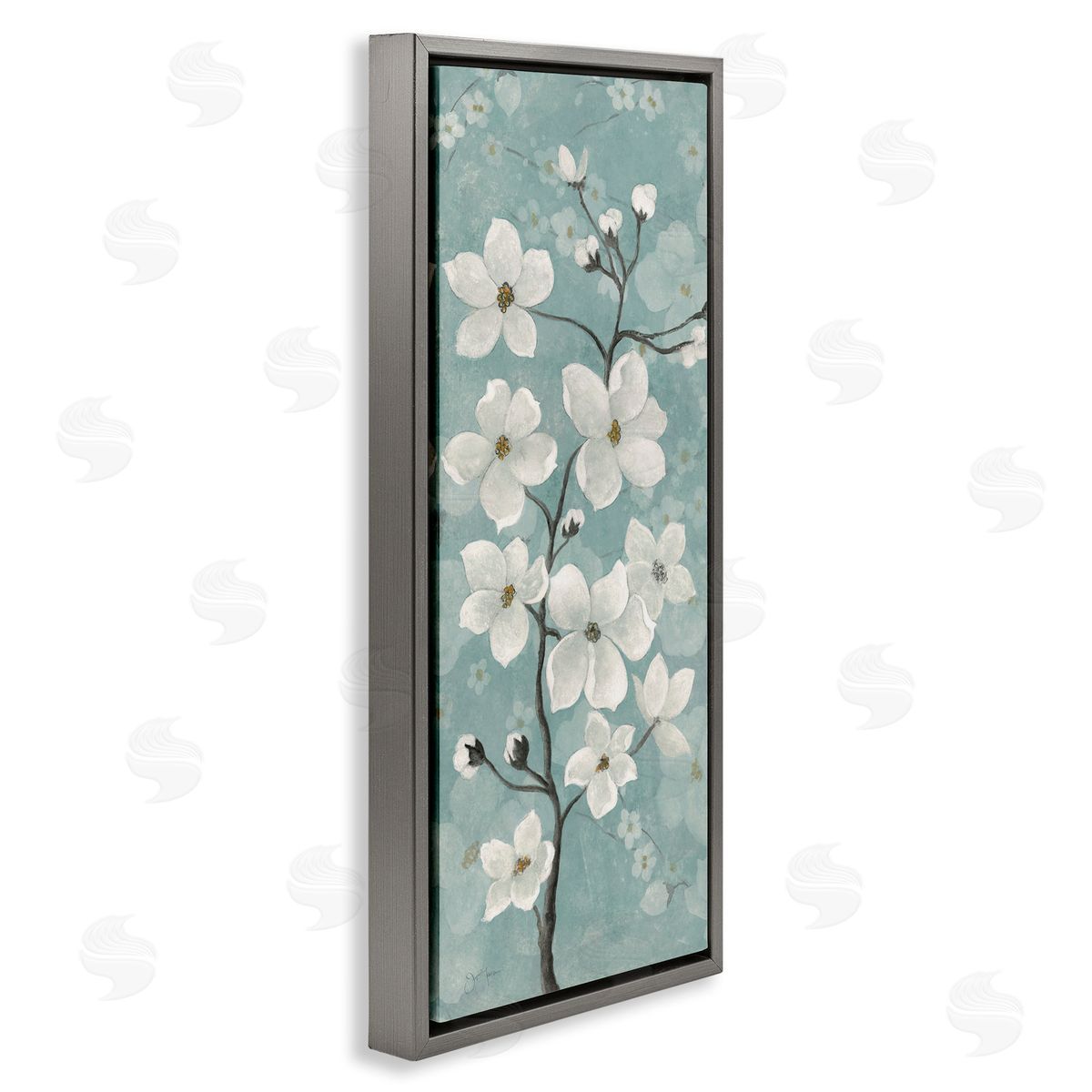 Apple Blossom on Green Grey Floating Frame Canvas Wall Art, Home Decor by Janet Tava