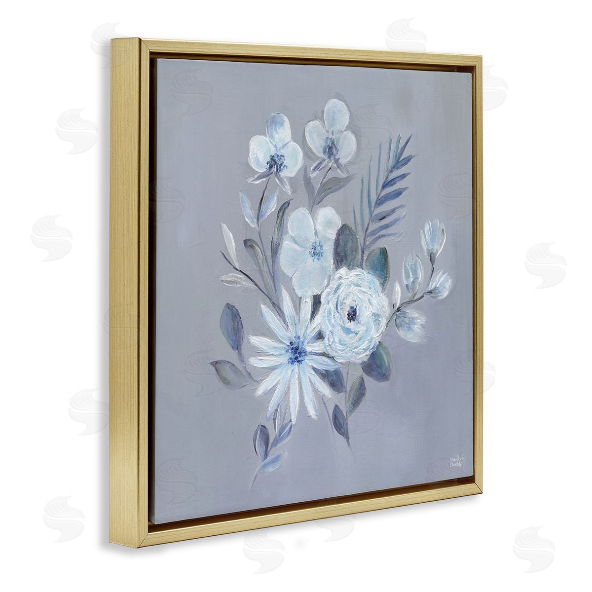 Blue Toned Floral Bunch Gold Floating Frame Canvas Wall Art, Home Decor by Marilyn Dunlap