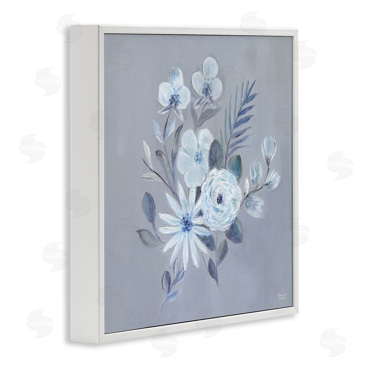 Blue Toned Floral Bunch White Frame Print Wall Art, Home Decor by Marilyn Dunlap