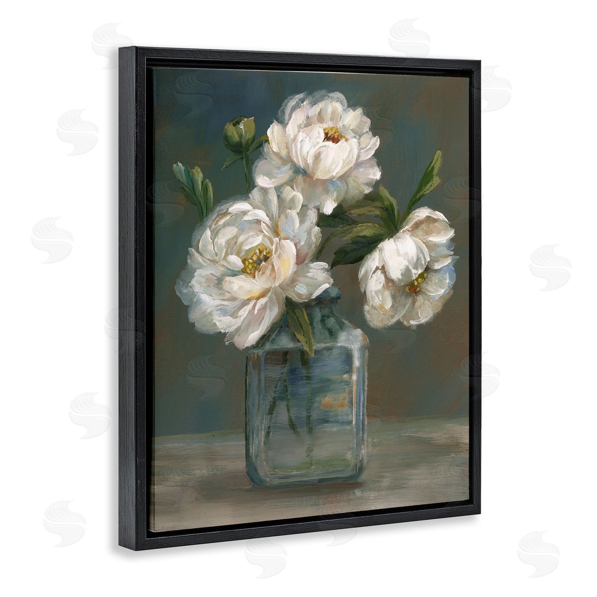 Traditional White Flower Trio Black Floating Frame Canvas Wall Art, Home Decor by Nan