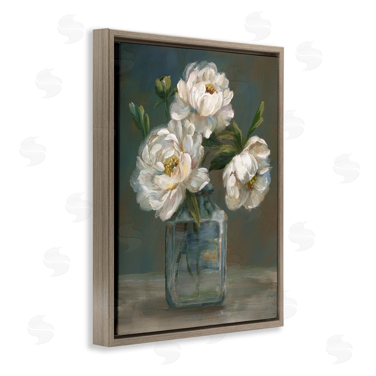Traditional White Flower Trio Brown Floating Frame Canvas Wall Art, Home Decor by Nan