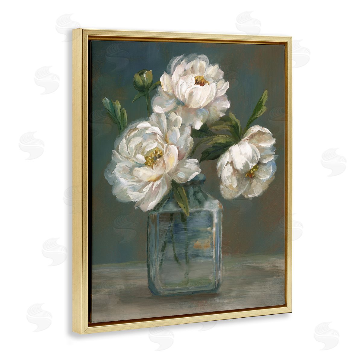 Traditional White Flower Trio Gold Floating Frame Canvas Wall Art, Home Decor by Nan