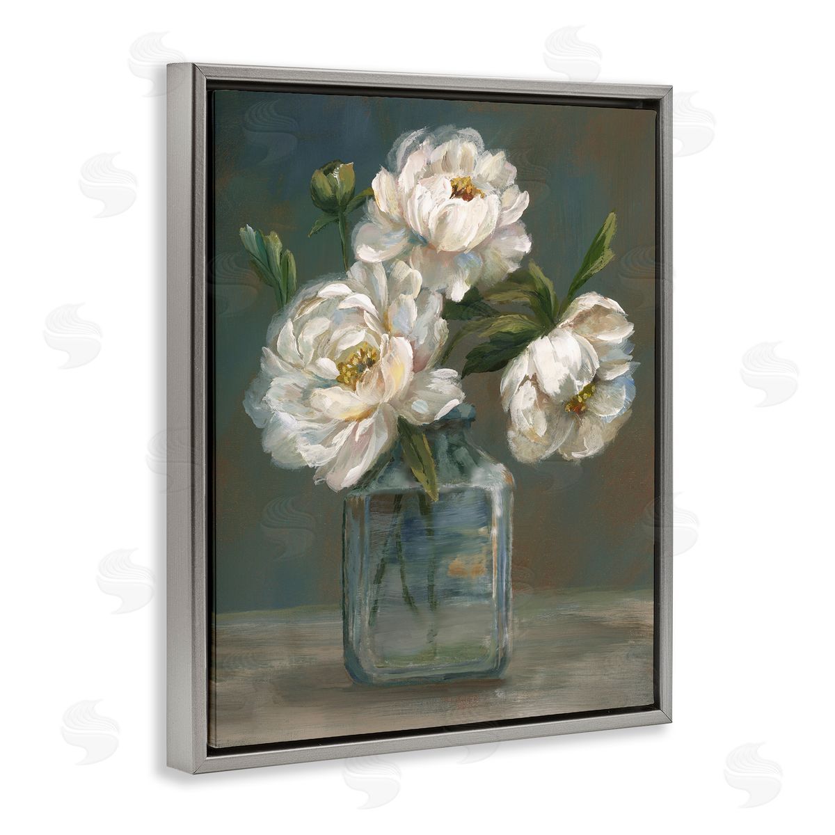 Traditional White Flower Trio Grey Floating Frame Canvas Wall Art, Home Decor by Nan