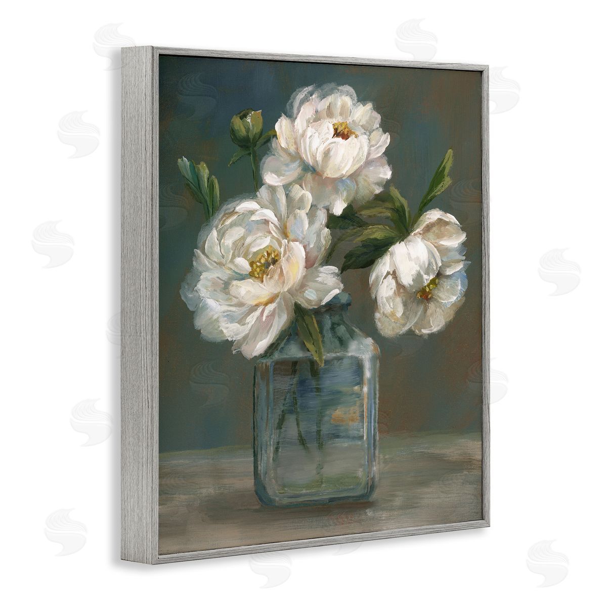 Traditional White Flower Trio Grey Frame Print Wall Art, Home Decor by Nan